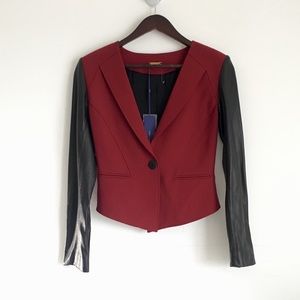 Rebecca Minkoff Leather Wool Blazer Red Black Block